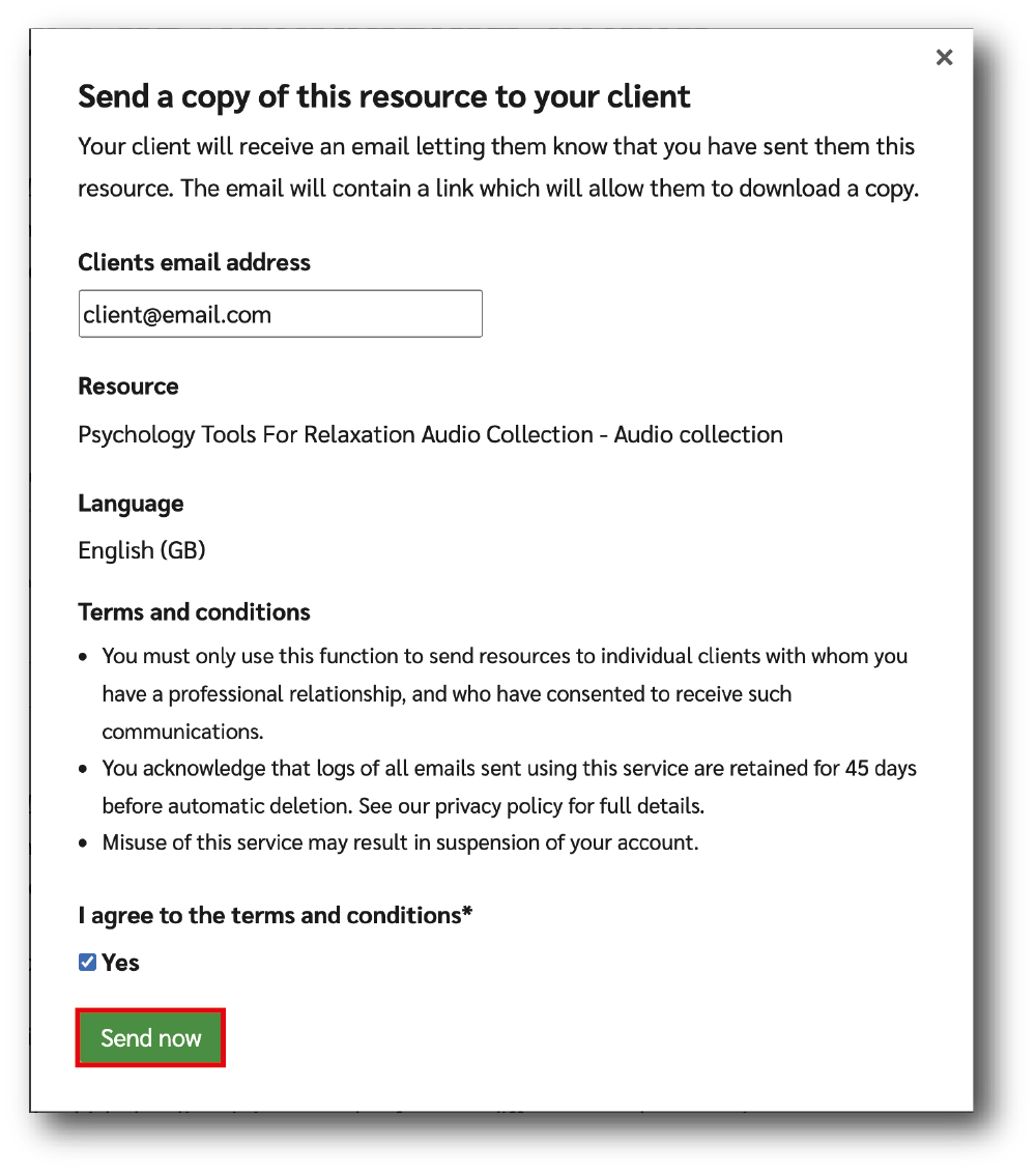 How do I email resources to my clients - send now