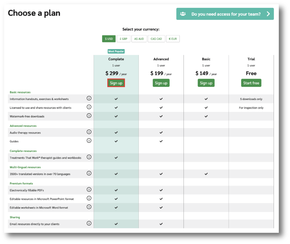 Pricing table